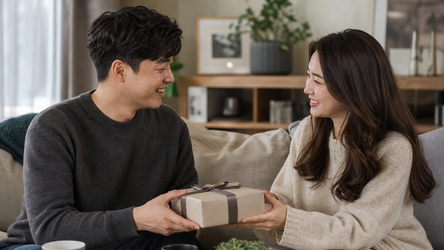 아늑한 거실에서 선물을 주고받는 현대적인 커플의 모습