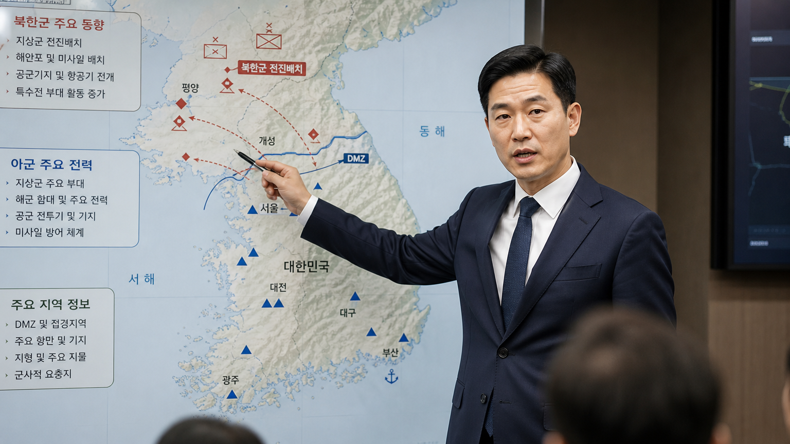 양복을 입은 현대적인 남성이 한국 지도 앞에서 방위 전략을 논의하는 모습