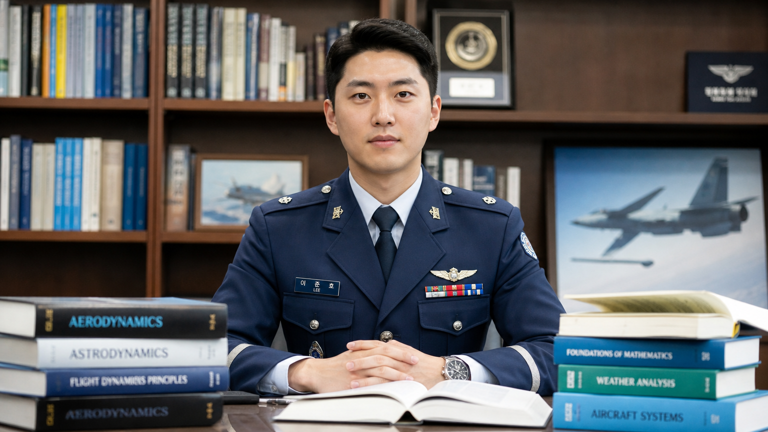 공군 제복을 입고 학문적 성취를 상징하는 책들로 둘러싸인 한국 남성