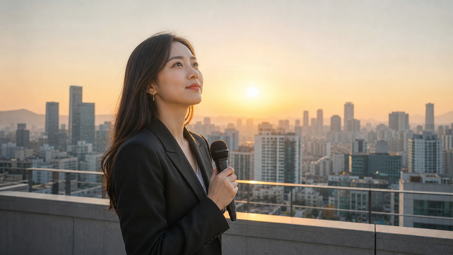 도시 전경을 배경으로 마이크를 들고 미래를 바라보는 여성