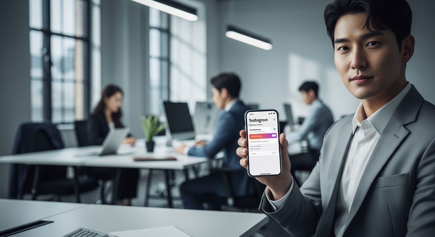 사무실에서 스마트폰을 사용하며 인스타그램의 최신 캡쳐 알림 설정을 확인하는 모습