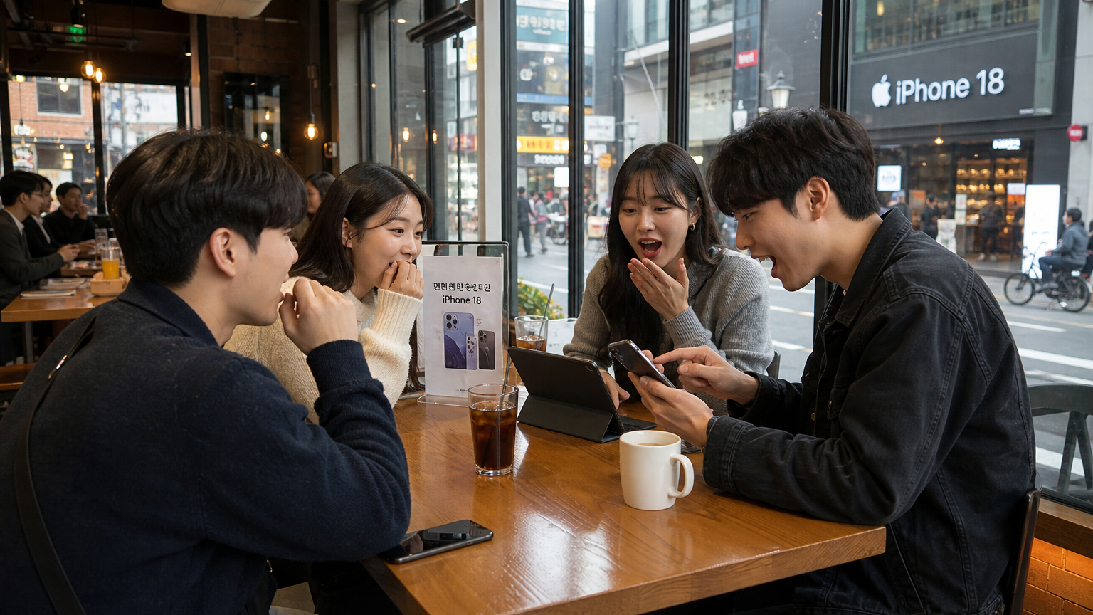 서울의 한 카페에서 젊은이들이 아이폰18 출시에 대해 열띤 대화를 나누고 있는 모습
