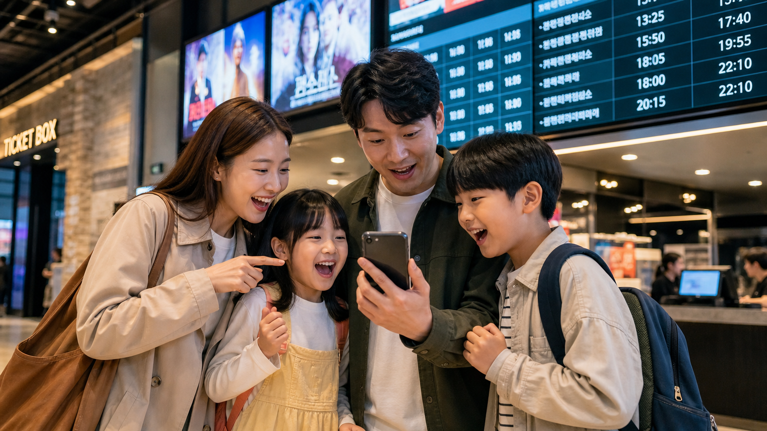 영화관 로비에서 스마트폰으로 영화 시간표를 확인하는 가족의 모습