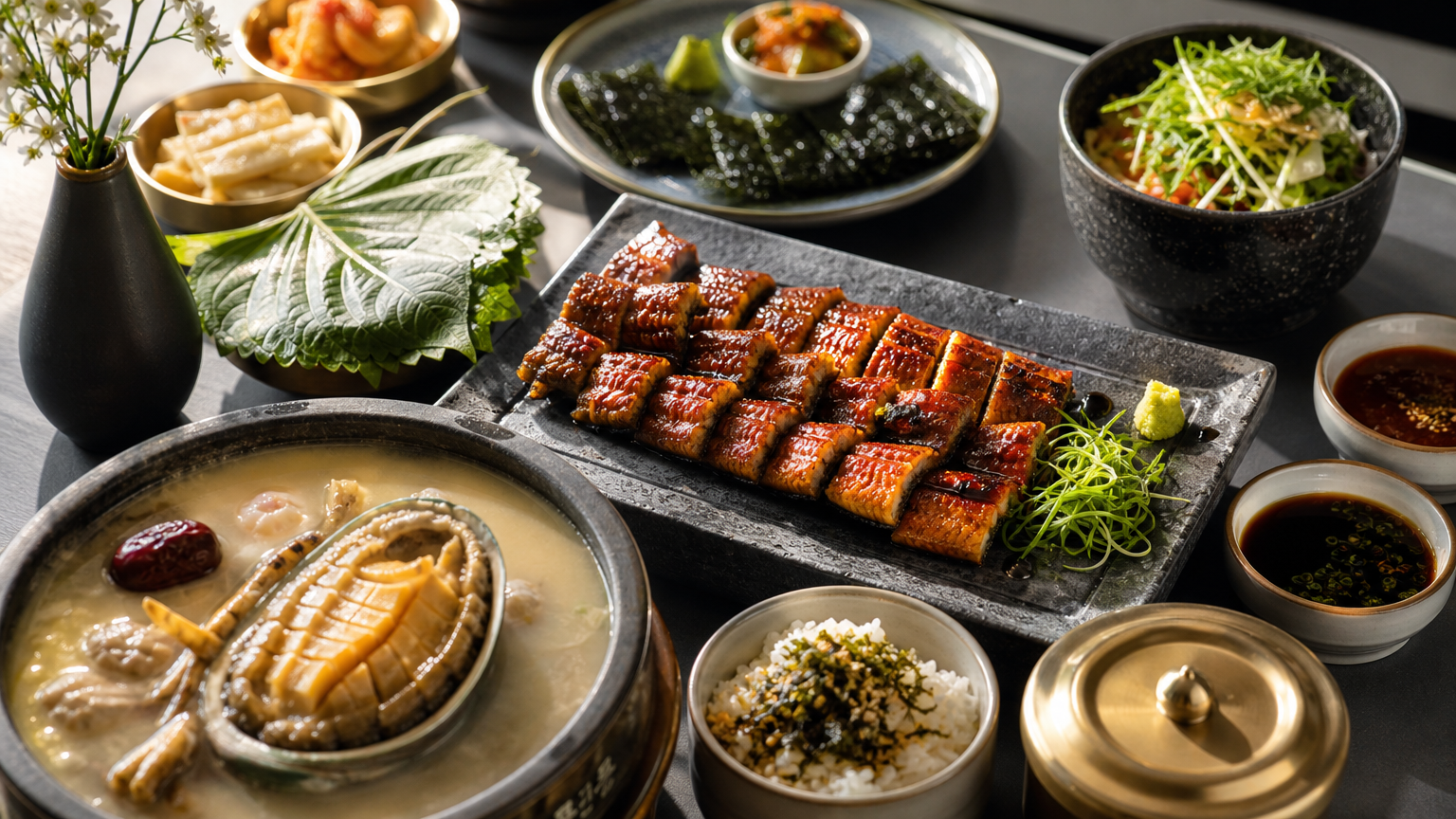 현대적인 식탁에 차려진 장어덮밥과 전복 요리
