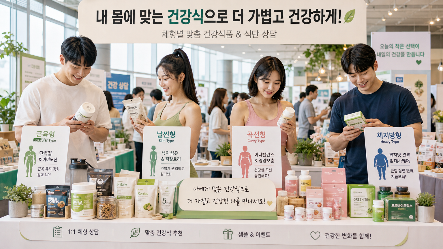 실내 건강 박람회에서 체질별로 음식을 고르는 사람들