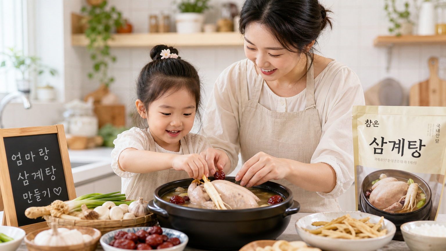 밝은 주방에서 아이와 함께 삼계탕을 만드는 엄마