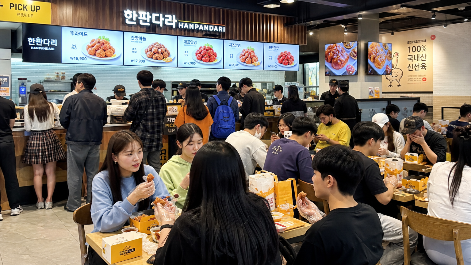 다양한 사람들이 작은 포장 치킨을 즐기는 현대적인 패스트푸드 레스토랑 풍경