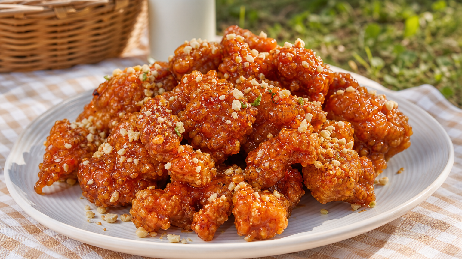 야외 피크닉 자리에서 스타일리시한 접시에 담긴 바삭한 팝콘치킨 클로즈업