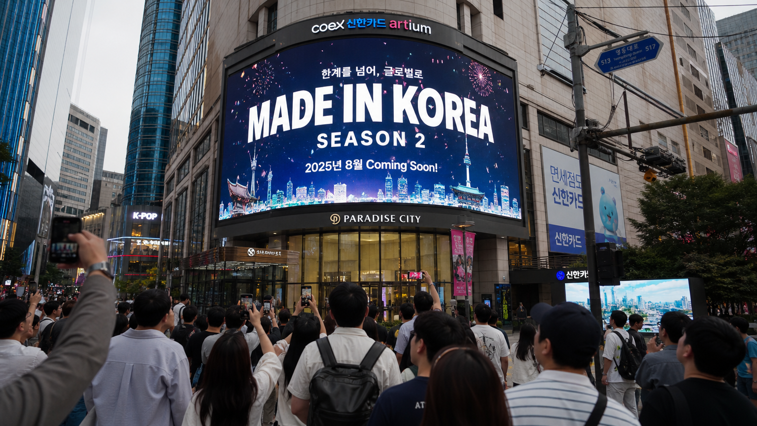 현대적인 한국 도시의 대형 전광판에 '메이드 인 코리아 시즌2' 복귀 소식을 보고 있는 사람들