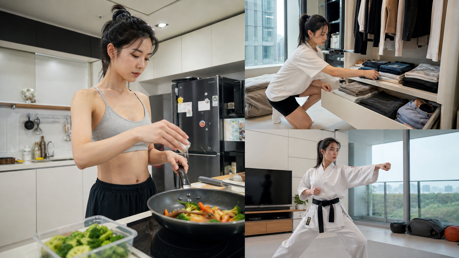 현대적인 아파트에서 요리하고 운동하며 생활을 관리하는 젊은 여성의 모습