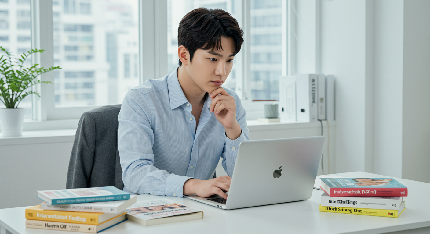 현대 사무실에서 노트북으로 간헐적 단식에 대해 조사하는 직장인의 모습