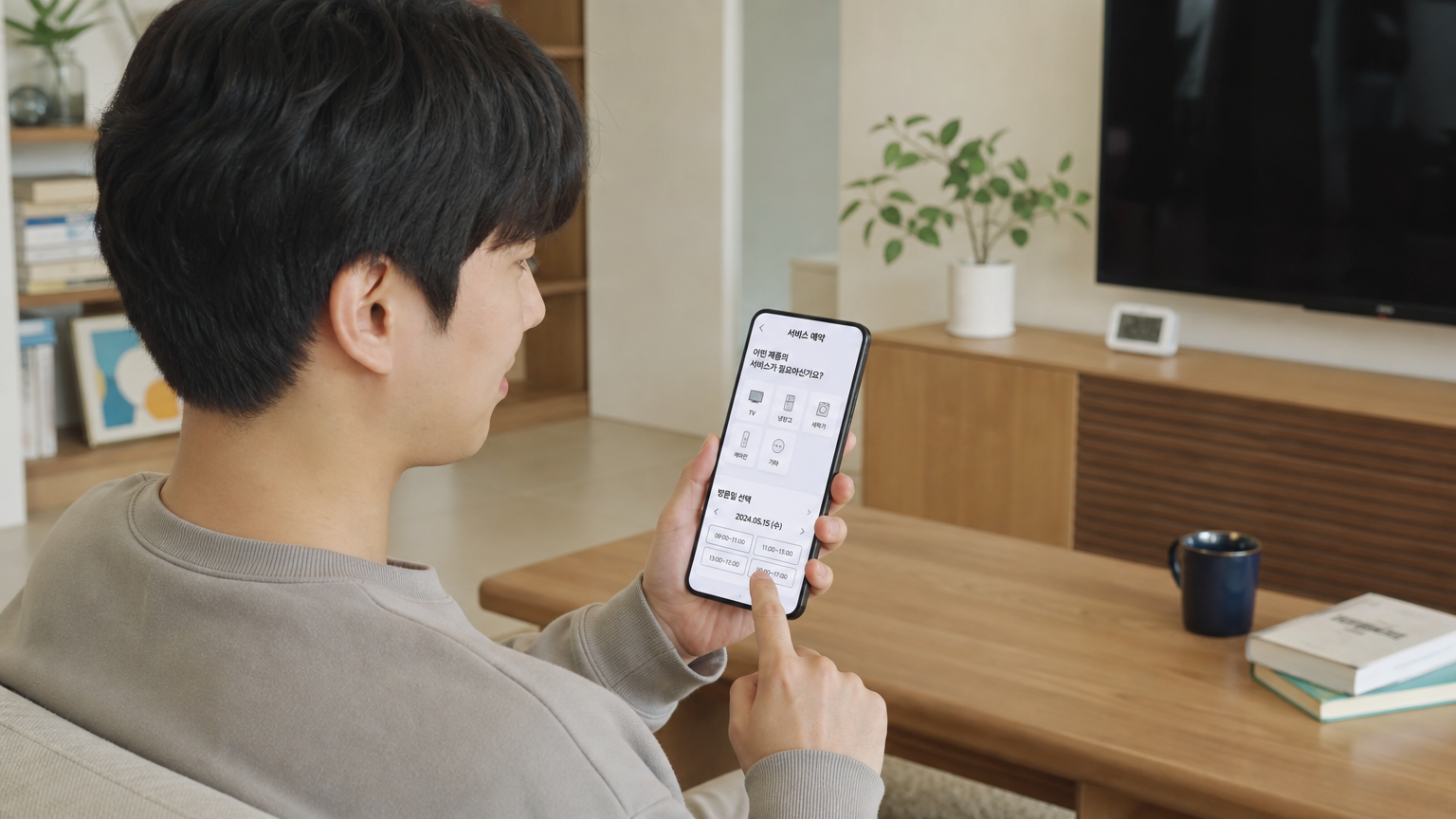 스마트폰 앱으로 가전제품 서비스 예약을 하는 한국 남성의 여유로운 집안 모습