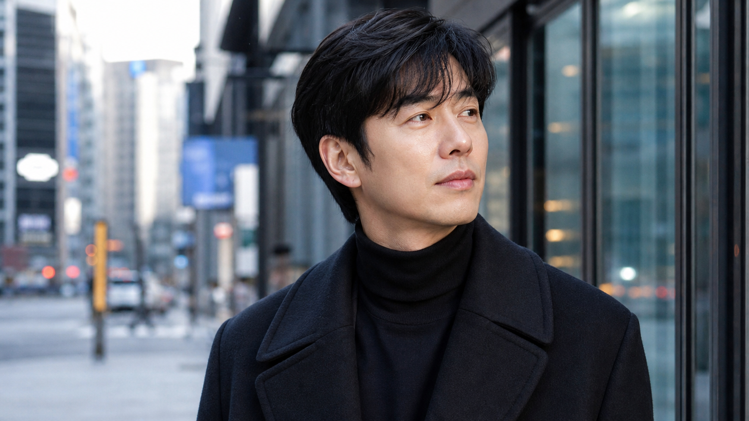 도시 배경 속에서 젊고 완벽한 비주얼을 자랑하는 배우