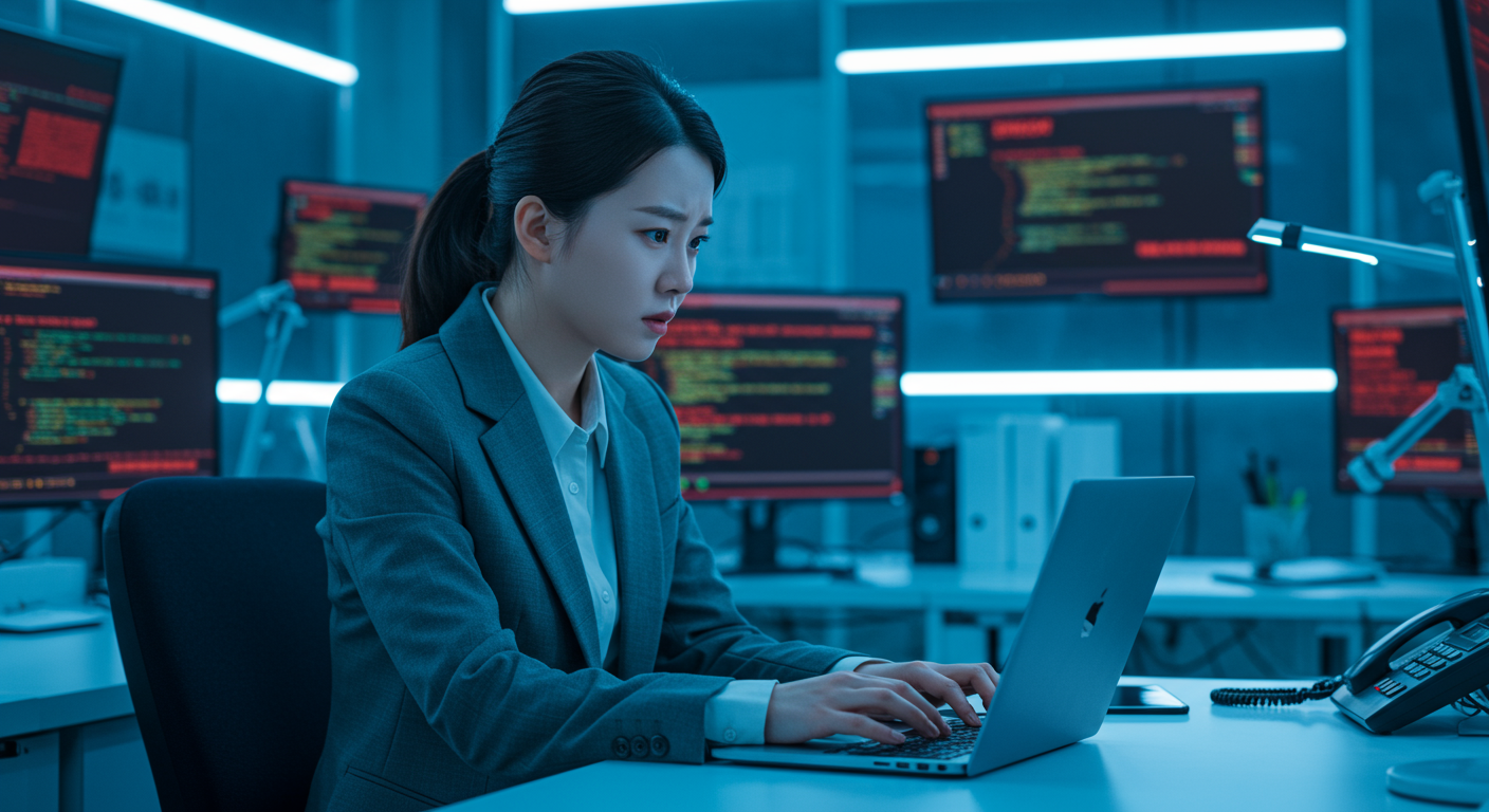 현대적인 사무실에서 노트북으로 글을 쓰는 모습, 주변 화면에 환각 및 편향 경고 메시지 표시