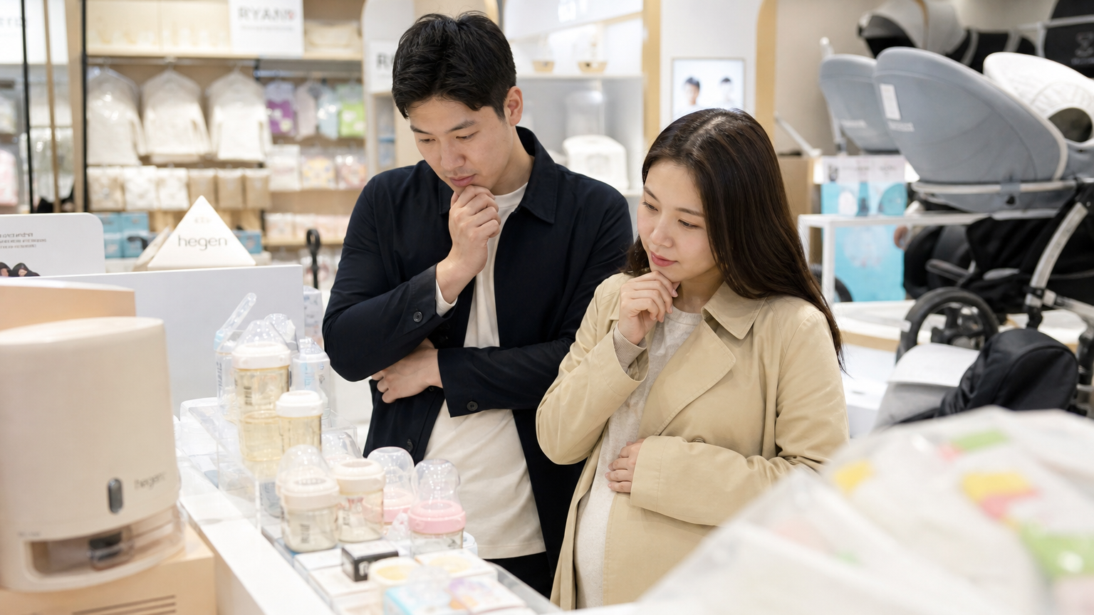 다양한 신생아 용품으로 가득한 매장에서 고민 중인 부모들의 모습