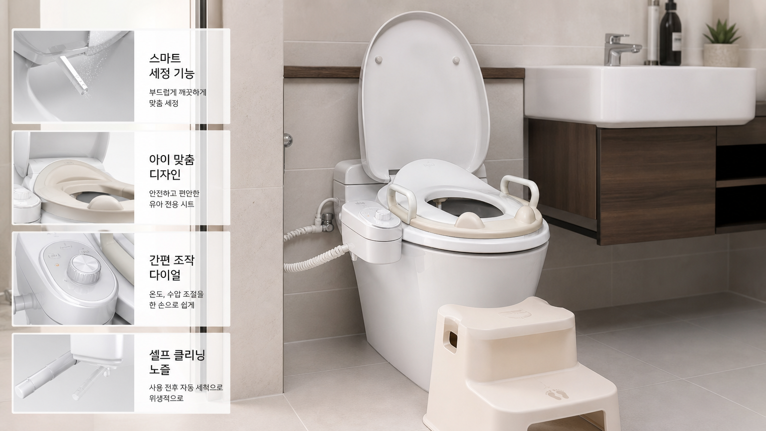 현대적인 디자인의 다기능 아기 비데가 설치된 욕실 모습