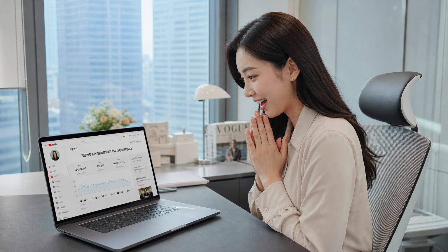 현대적인 사무실에서 자신의 유튜브 채널을 노트북으로 시청 중인 한국인 사업가