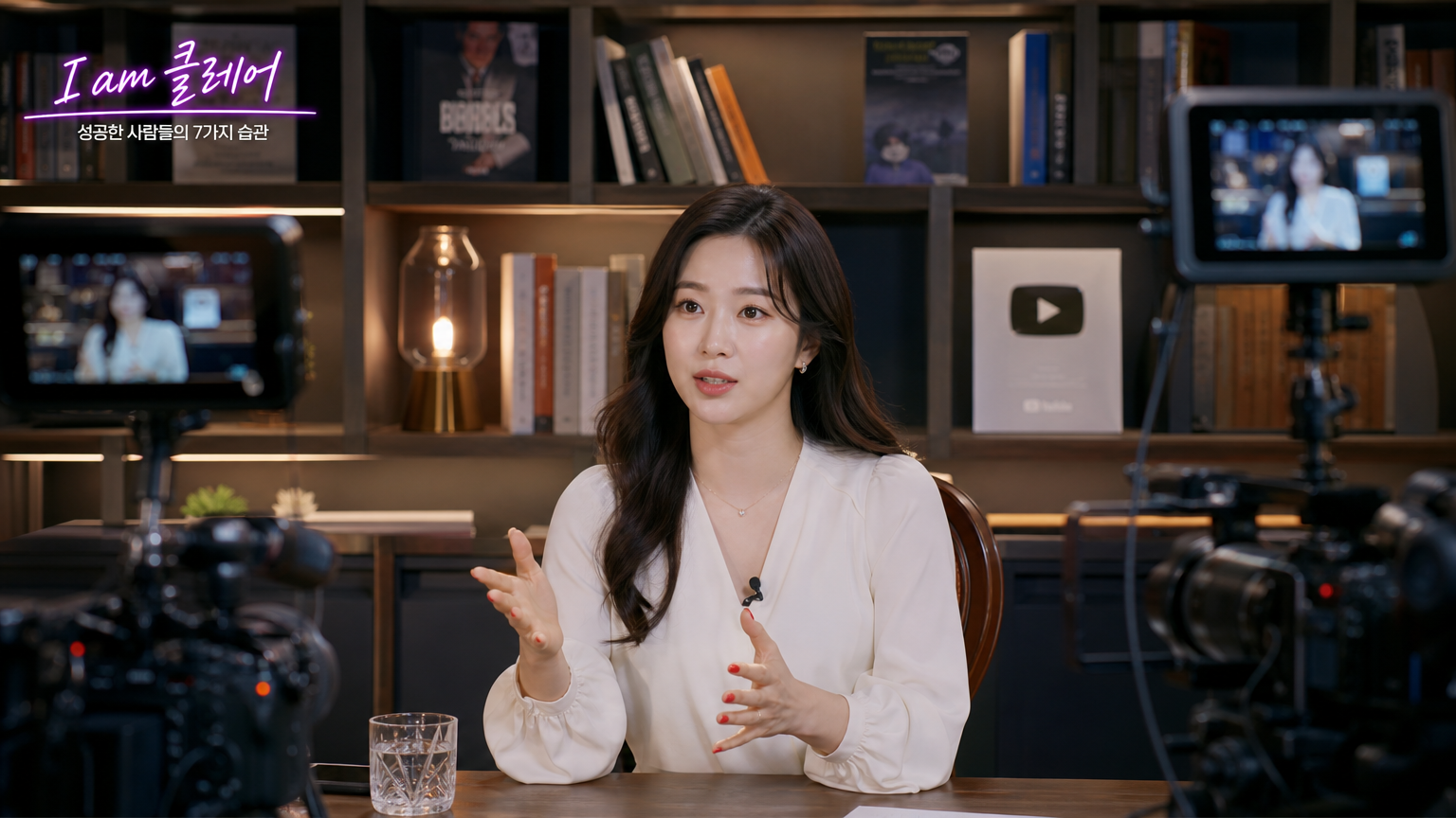 인기 있는 유튜브 쇼 세트장에서 성공 전략을 공유하는 한국 여성