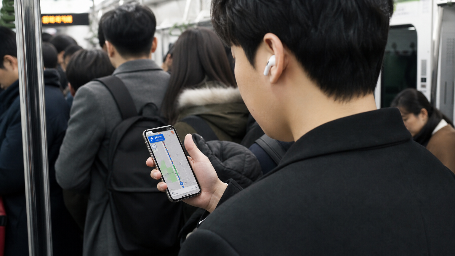 서울 지하철에서 실시간 내비게이션을 확인하는 출근길 한국인