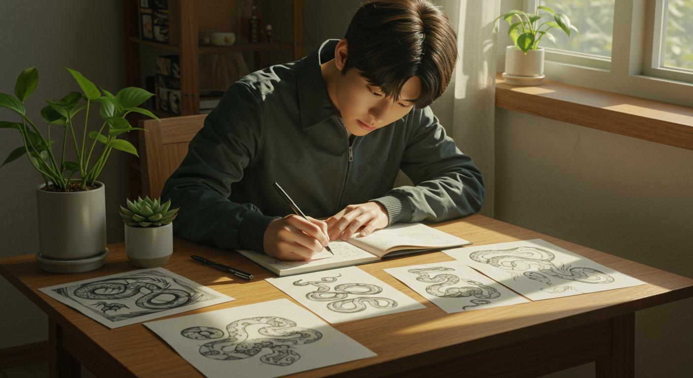 책상 위에서 뱀과 관련된 노트와 스케치를 보며 깊은 집중을 하고 있는 사람과 주변에 놓인 식물들