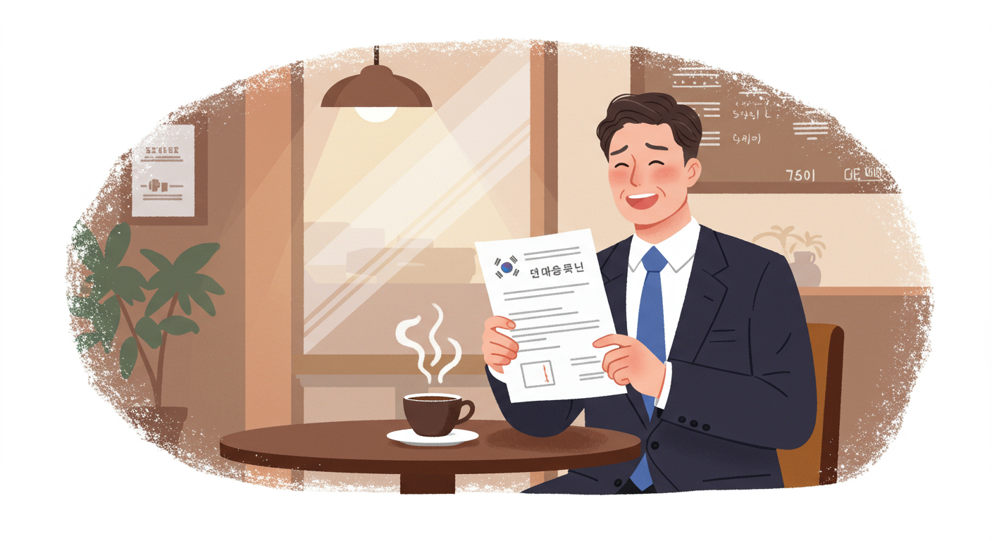 한 손에 정책 서류를 든 자영업자가 카페에서 안도하며 미소 짓는 모습