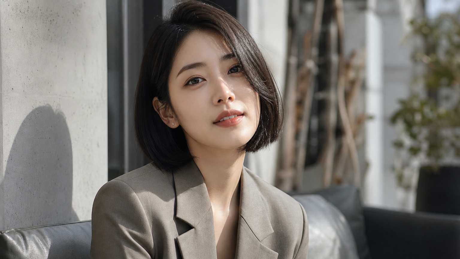세련된 도심 배경에서 깔끔한 중단발 스타일을 한 현대적인 여성