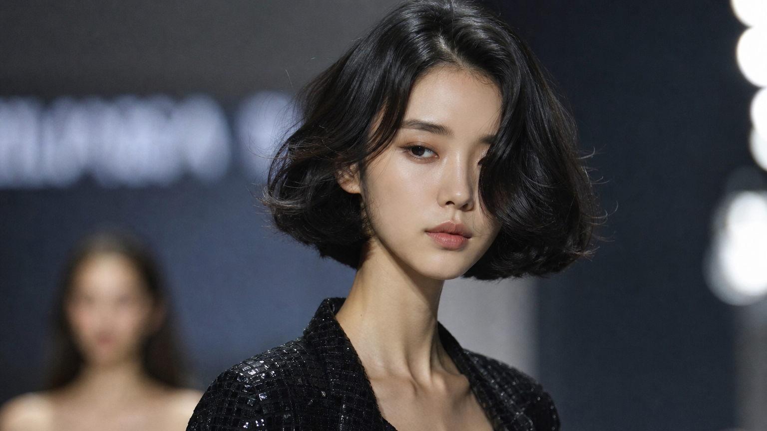 패션 런웨이에서 광택감 있는 슬릭 보브와 자연 볼륨감을 강조한 클라우드 보브 스타일을 선보이는 여성