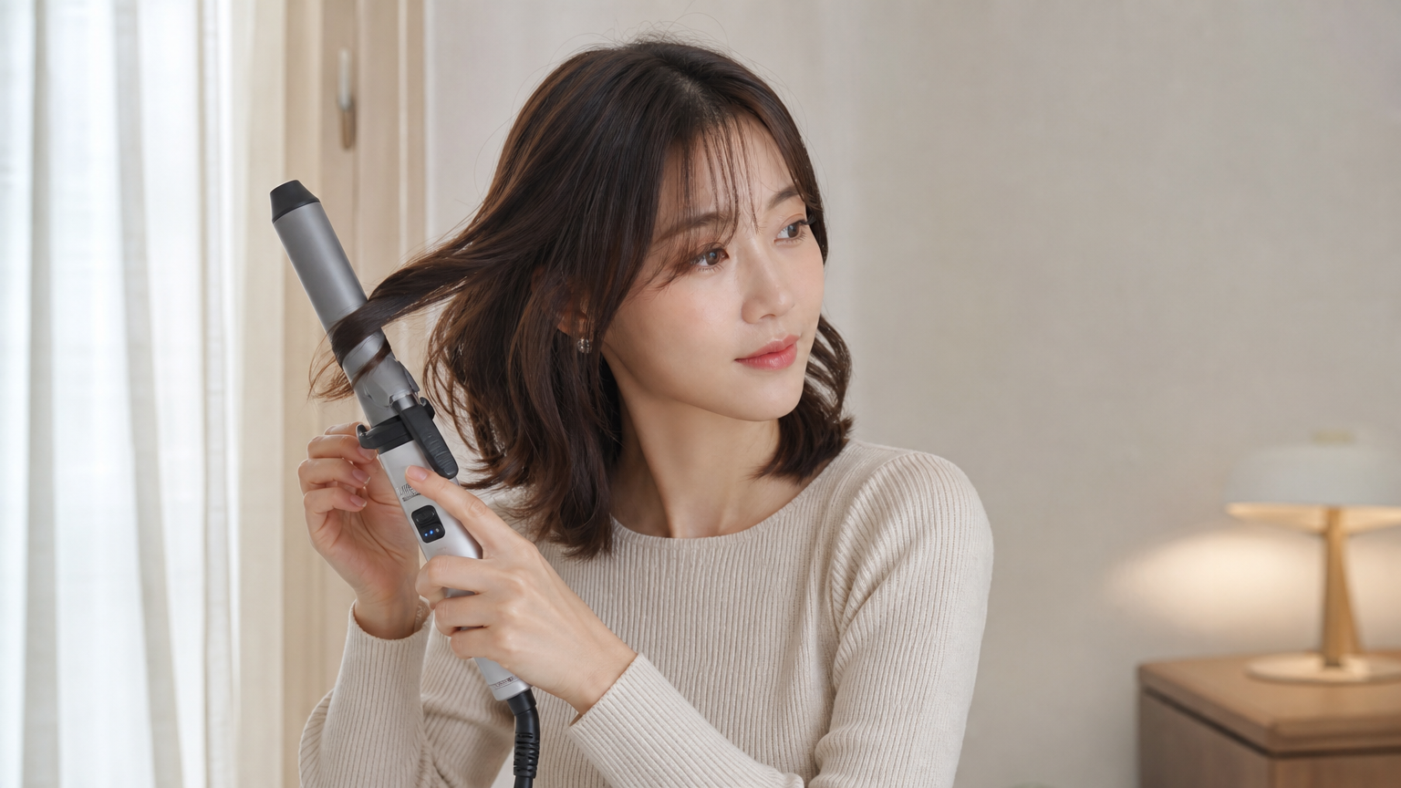 집에서 부드러운 컬과 여성스러운 느낌을 연출하기 위해 헤어 도구를 사용하는 여성