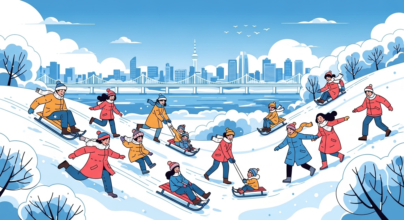 한강공원에서 눈썰매를 즐기는 가족과 연인들의 모습
