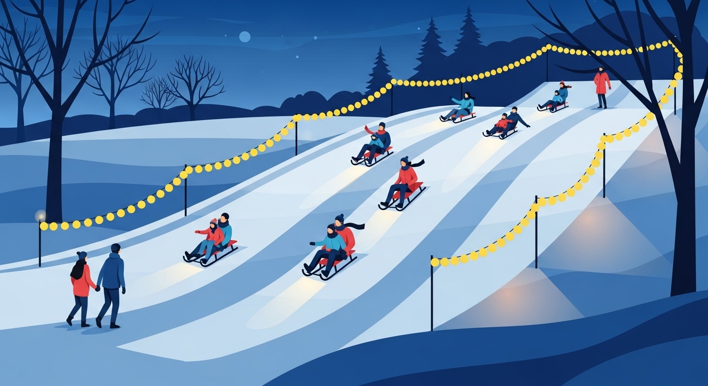 조명이 켜진 밤에 잠원 공원의 로맨틱한 분위기 속 썰매 타기