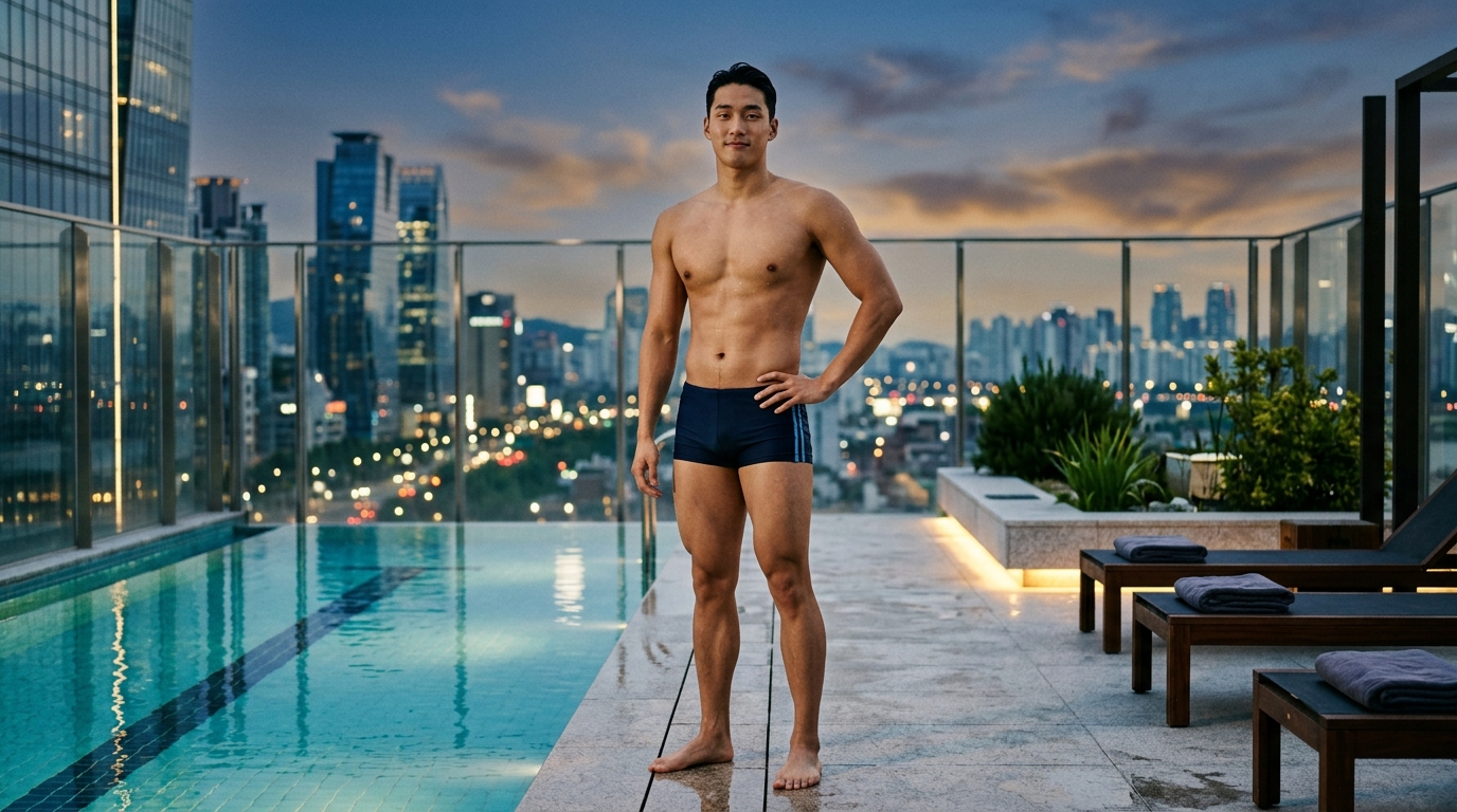 현대적인 수영장에서 수영복을 입고 포즈를 취하는 키 큰 운동선수