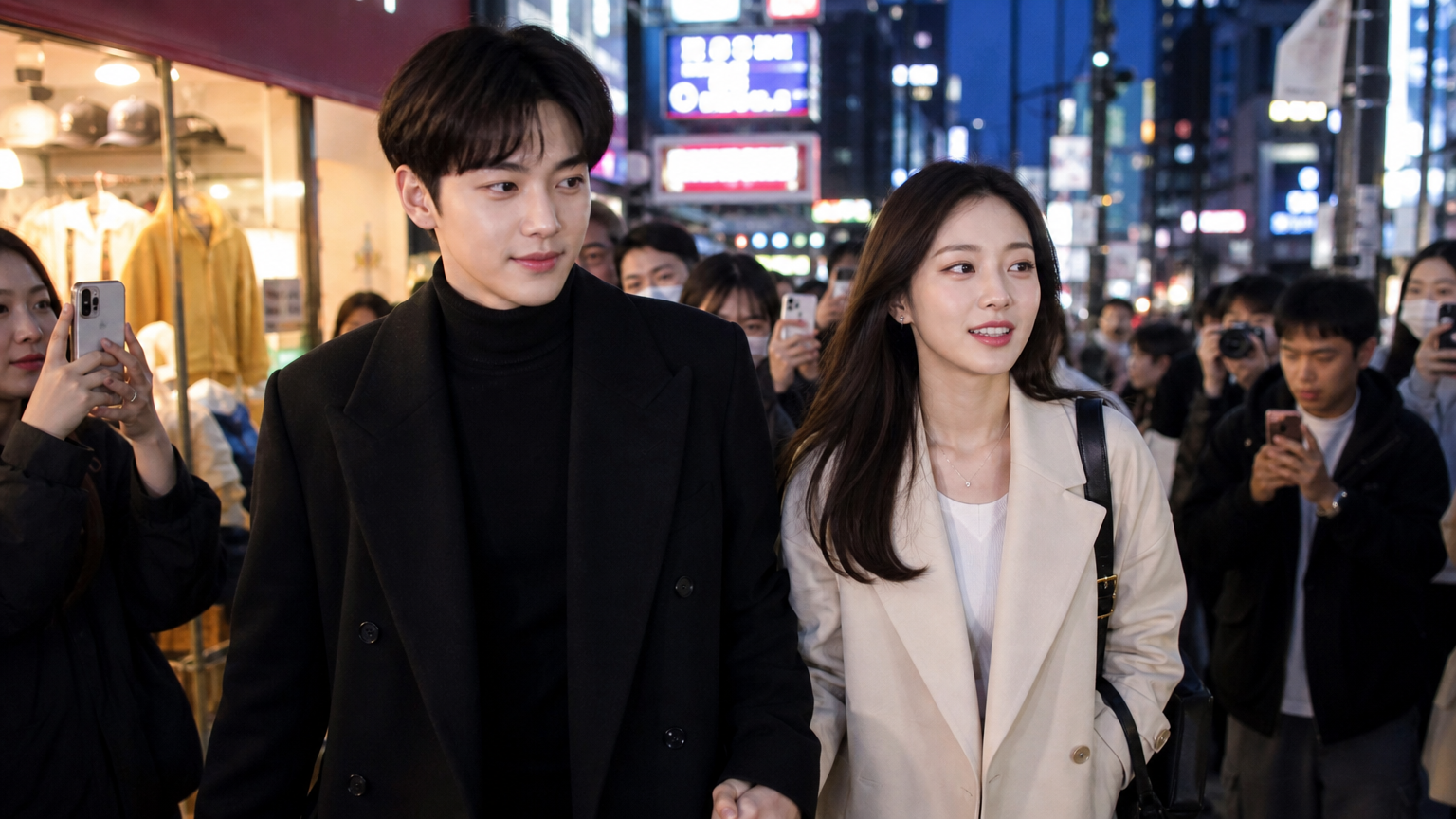 서울 거리에서 손을 잡고 걸으며 팬들에게 둘러싸인 현대적인 연예인 부부의 모습