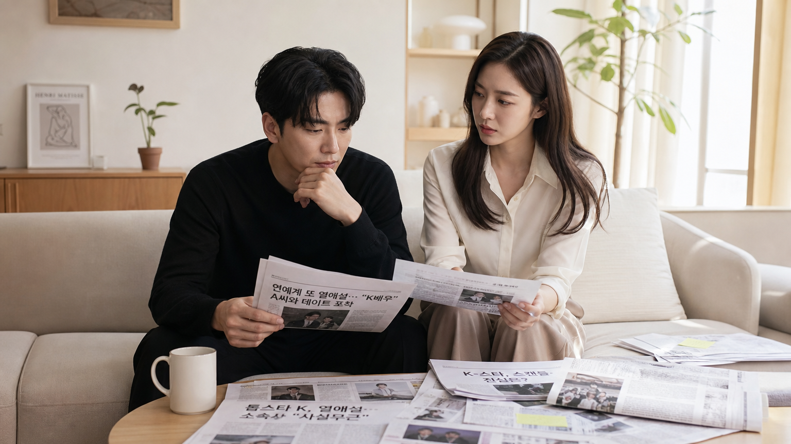 거실에서 미디어 루머에 대해 걱정스러운 표정으로 이야기를 나누는 유명 연예인 부부의 일상적 모습