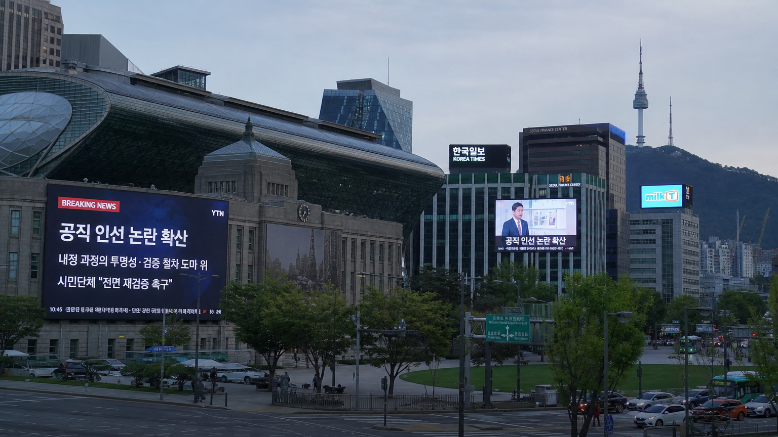 현대 서울의 도시 풍경과 공직 임명 관련 속보를 보여주는 디지털 스크린