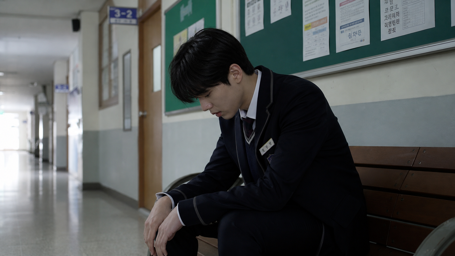 학교 복도에서 혼자 앉아 고개를 숙인 채 고민하는 한국 고등학생의 모습