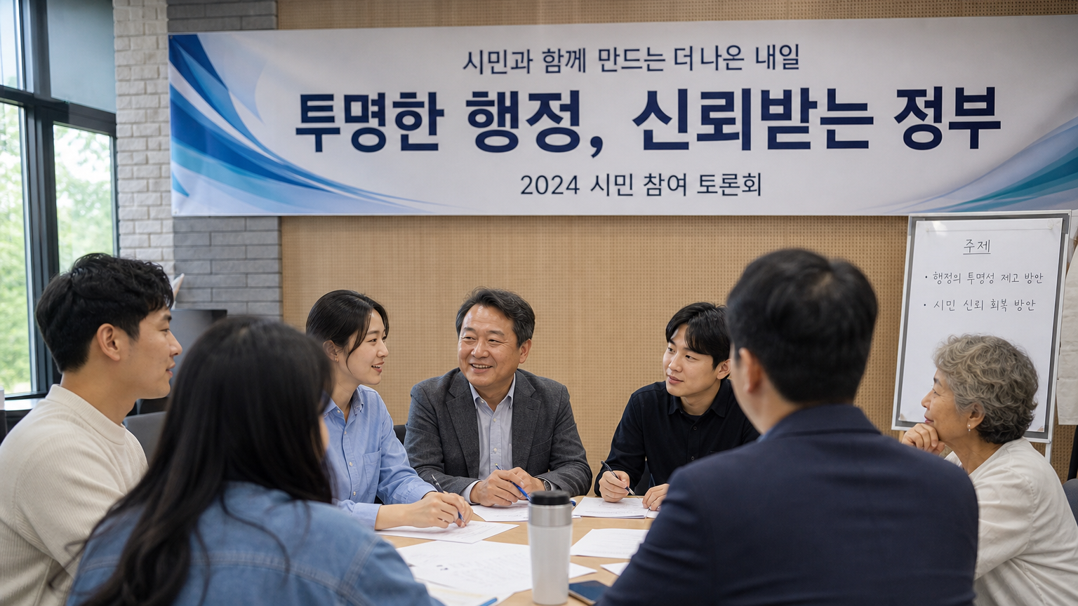 투명성과 신뢰를 강조하는 배너 아래에서 지역 사회 토론을 하고 있는 다양한 한국 시민들