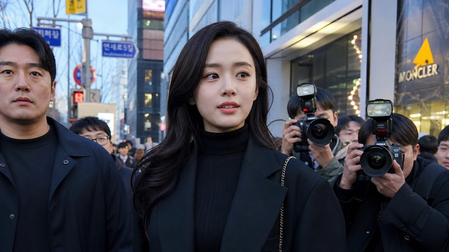 서울의 번화한 거리에서 사진 기자들에게 포착된 현대적인 한국 여배우