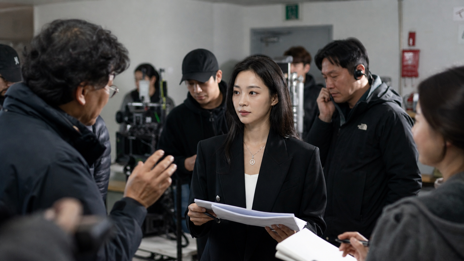 서울 영화 세트장에서 다음 역할 준비 중인 한국 여배우와 스태프들