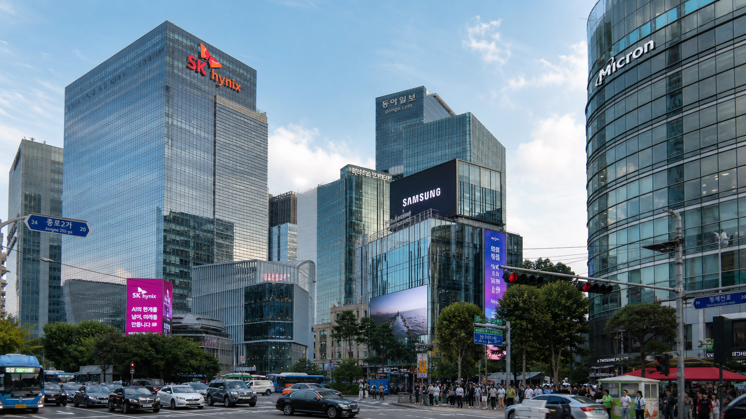 서울 비즈니스 지구에서 활기차게 움직이는 모습과 반도체 시장 회복의 동적 분위기