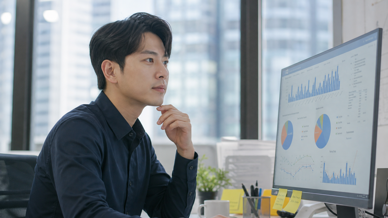 현대식 사무실에서 차트를 분석하며 미래 성장을 위해 결심하는 한국 오피스 근로자