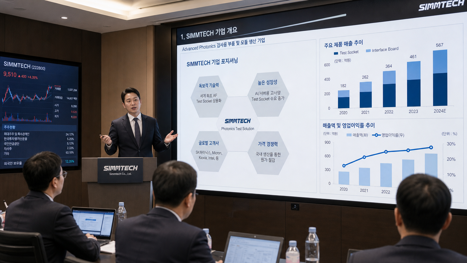 디지털 스크린에 주식 성과와 전략적 위치를 표시하며 투자자들에게 프레젠테이션하는 한국 증권 분석가
