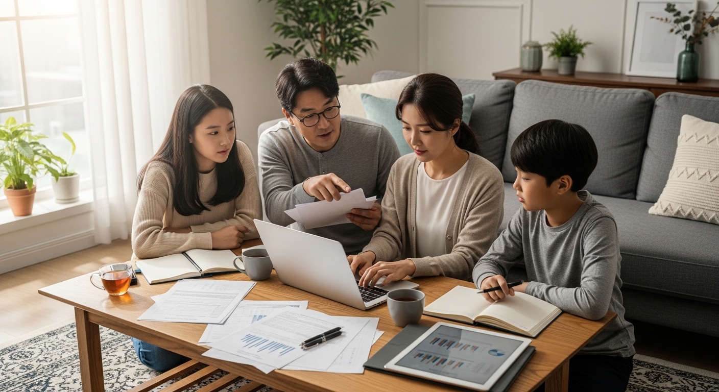 두 명 이상의 가족이 거실 테이블에서 세금 계획을 논의하는 모습, 세금 서류와 노트북이 놓여 있음