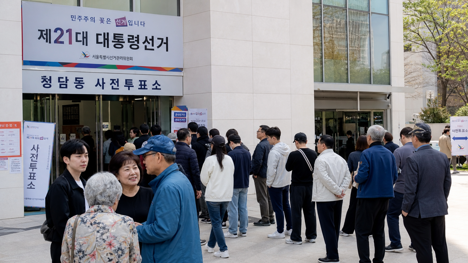 서울의 현대적인 투표소 앞에서 다양한 연령대의 유권자들이 줄을 서 있는 모습