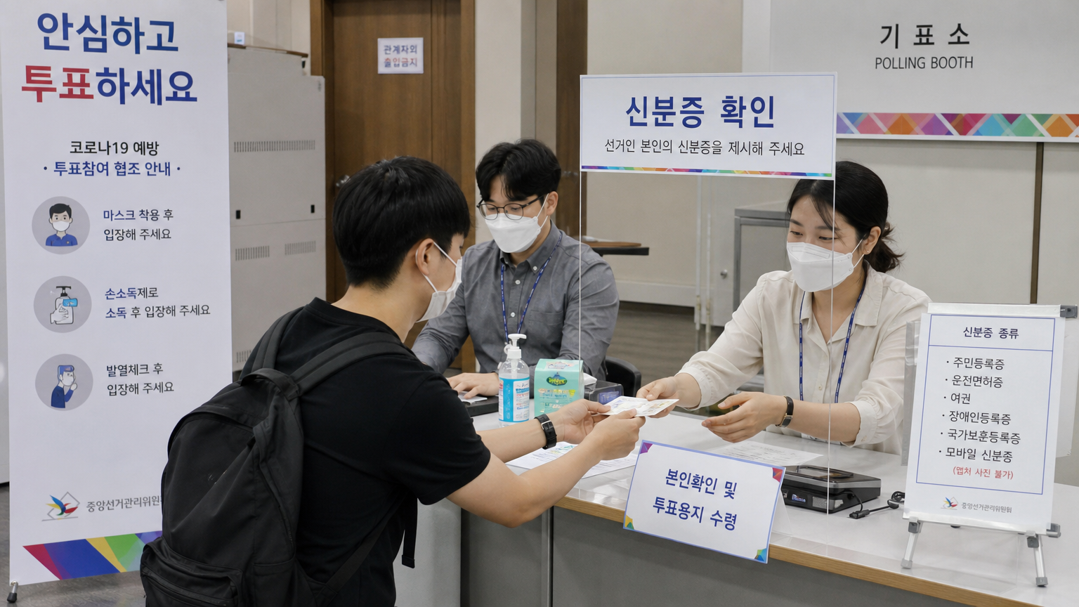 투표소 내부에서 한국 선거 직원이 젊은 유권자의 신분증을 확인하는 모습