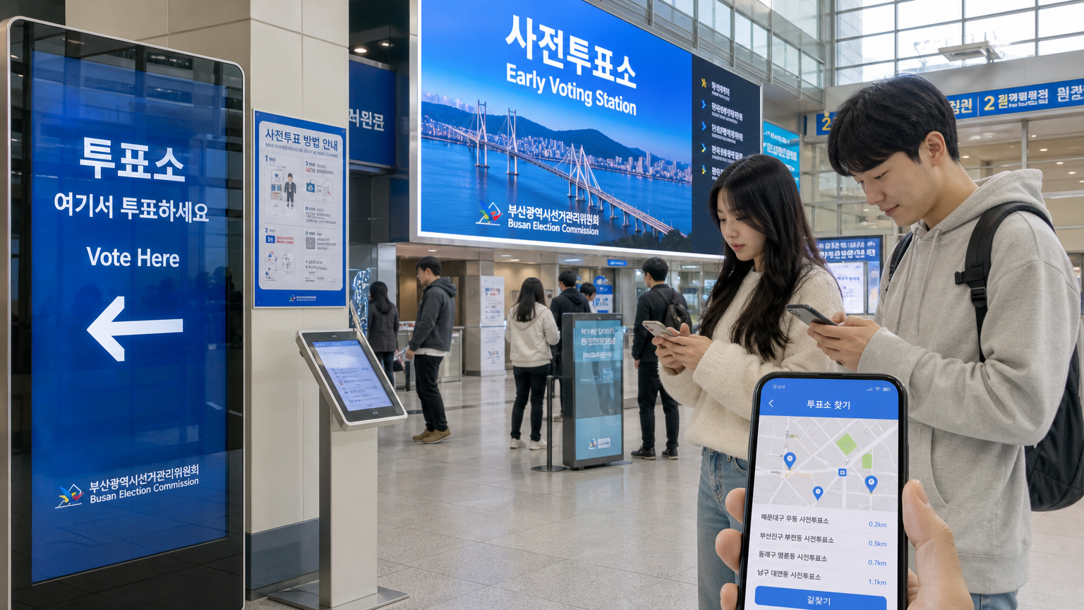 부산의 첨단 투표소에서 '여기서 투표'라는 표시가 있는 디지털 스크린과 사람들이 모바일 앱으로 주변 투표소를 찾는 모습