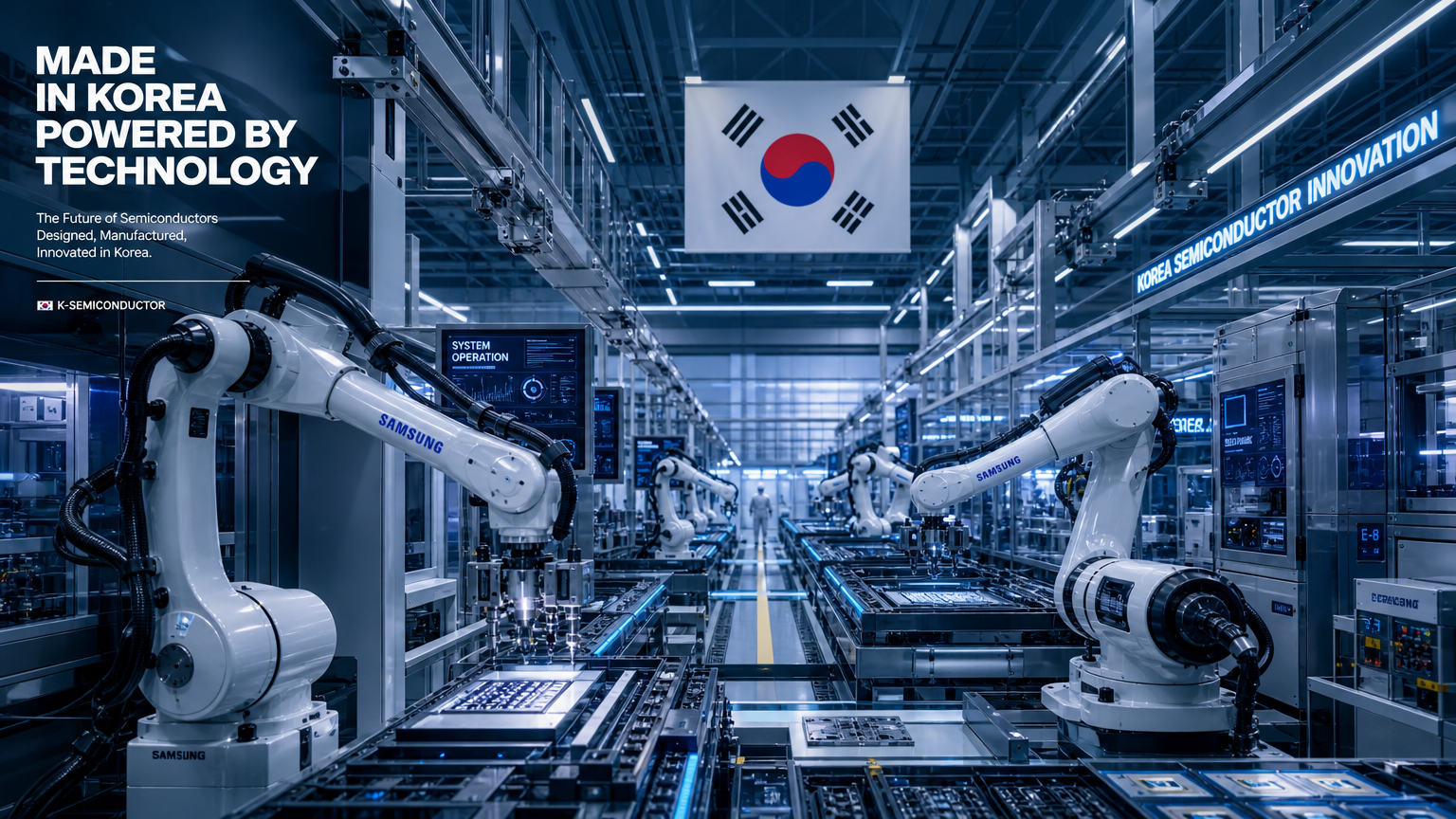 미래지향적인 한국 반도체 공장에서 로봇 팔과 첨단 기술을 사용하고 있는 장면