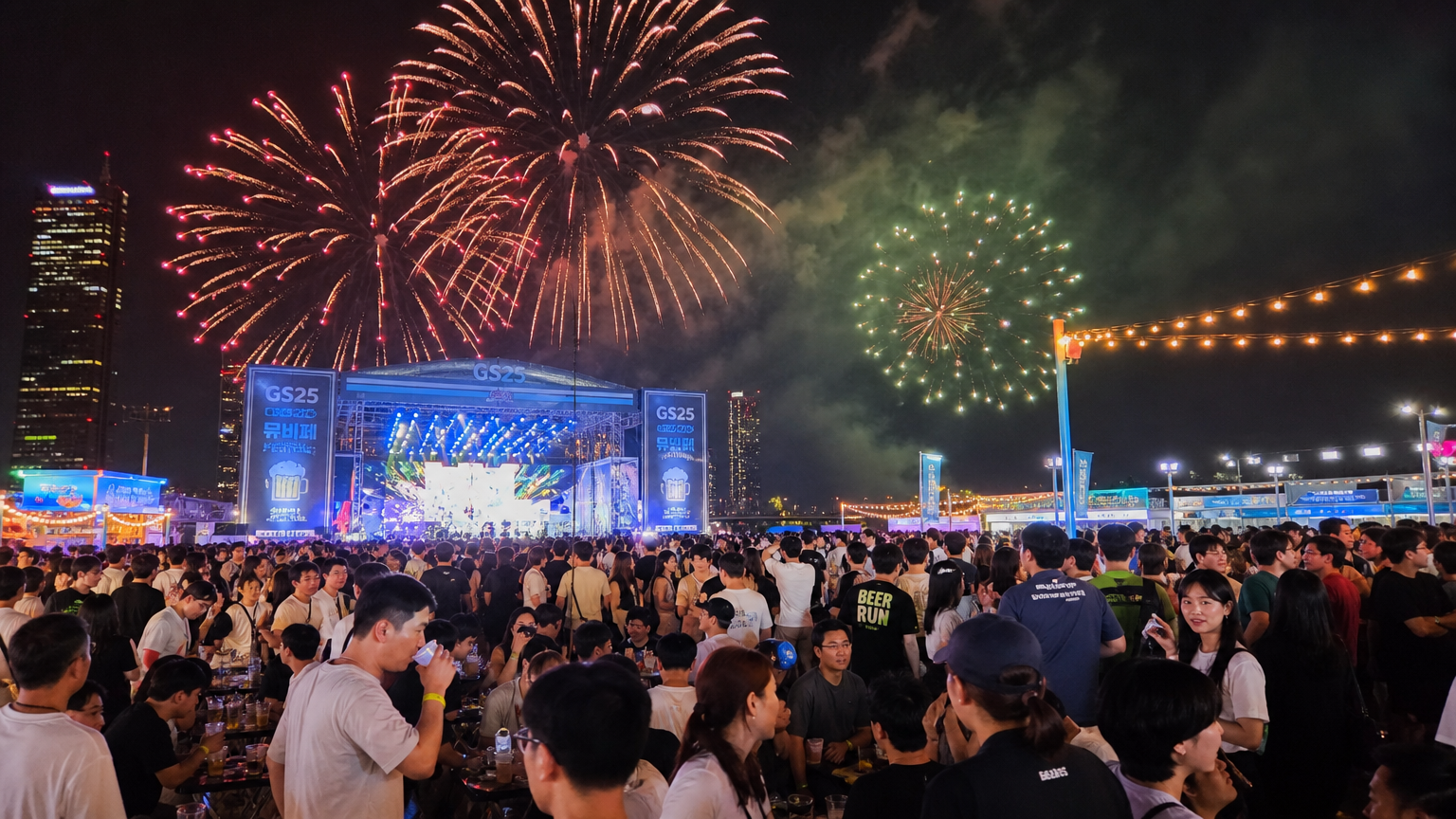 한국의 여름밤 축제에서 불꽃놀이와 함께 음악과 맥주를 즐기는 사람들