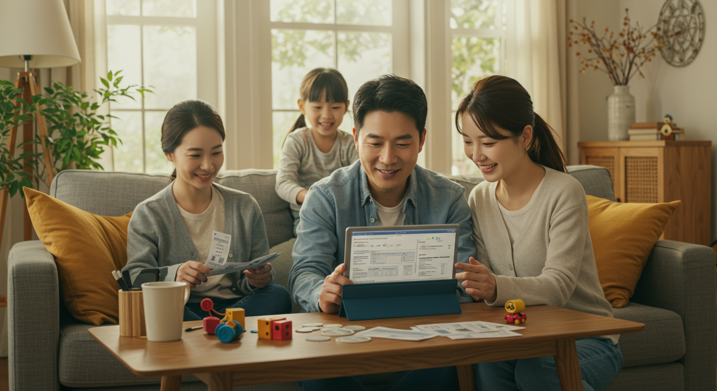 가정에서 태블릿을 이용하여 온라인 세무 서비스를 편리하게 사용하는 가족