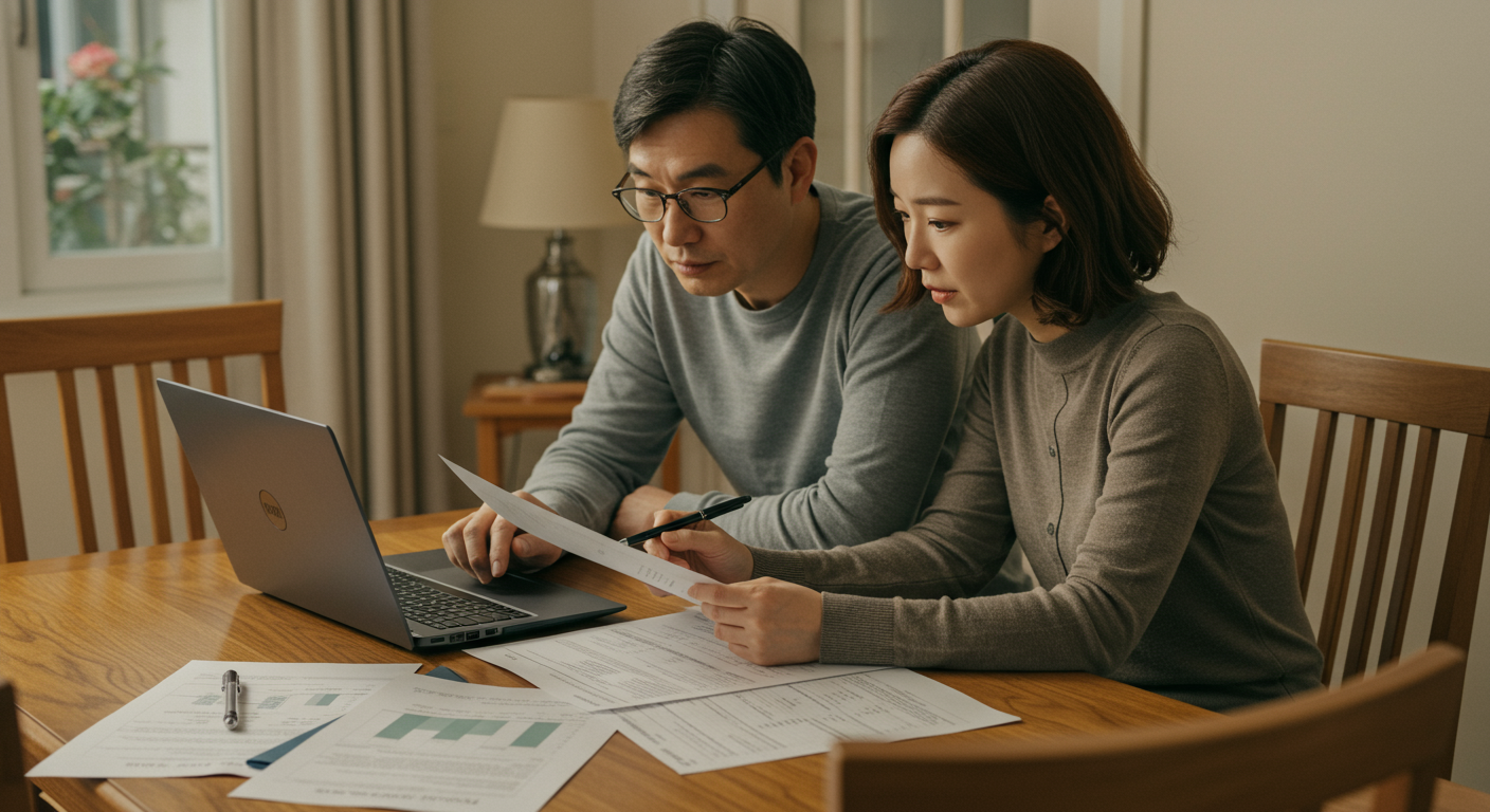 식탁 위 노트북과 함께 재정 상태를 검토하는 부부
