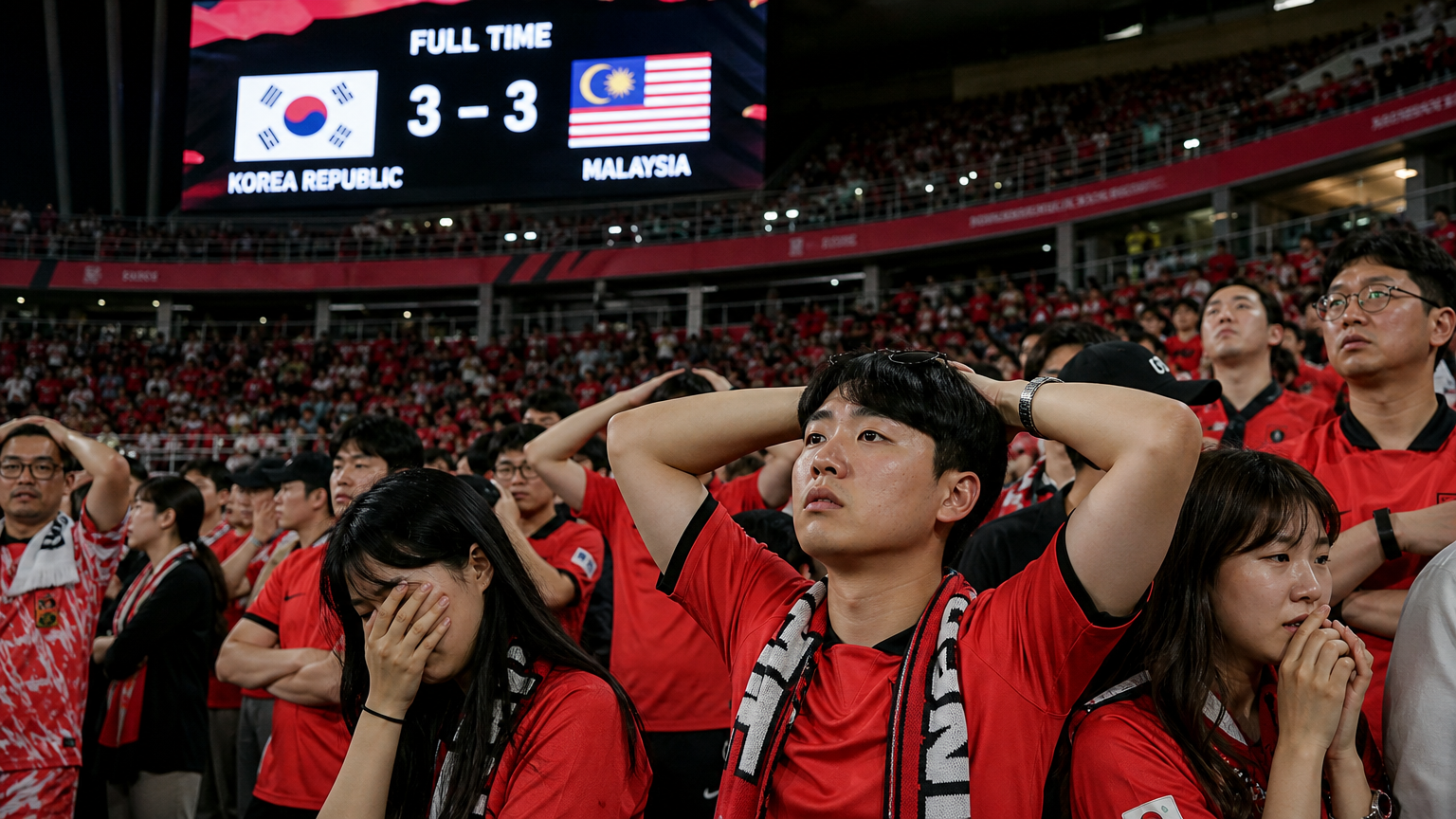 경기장에서 경기 결과를 보며 좌절하는 축구 팬들